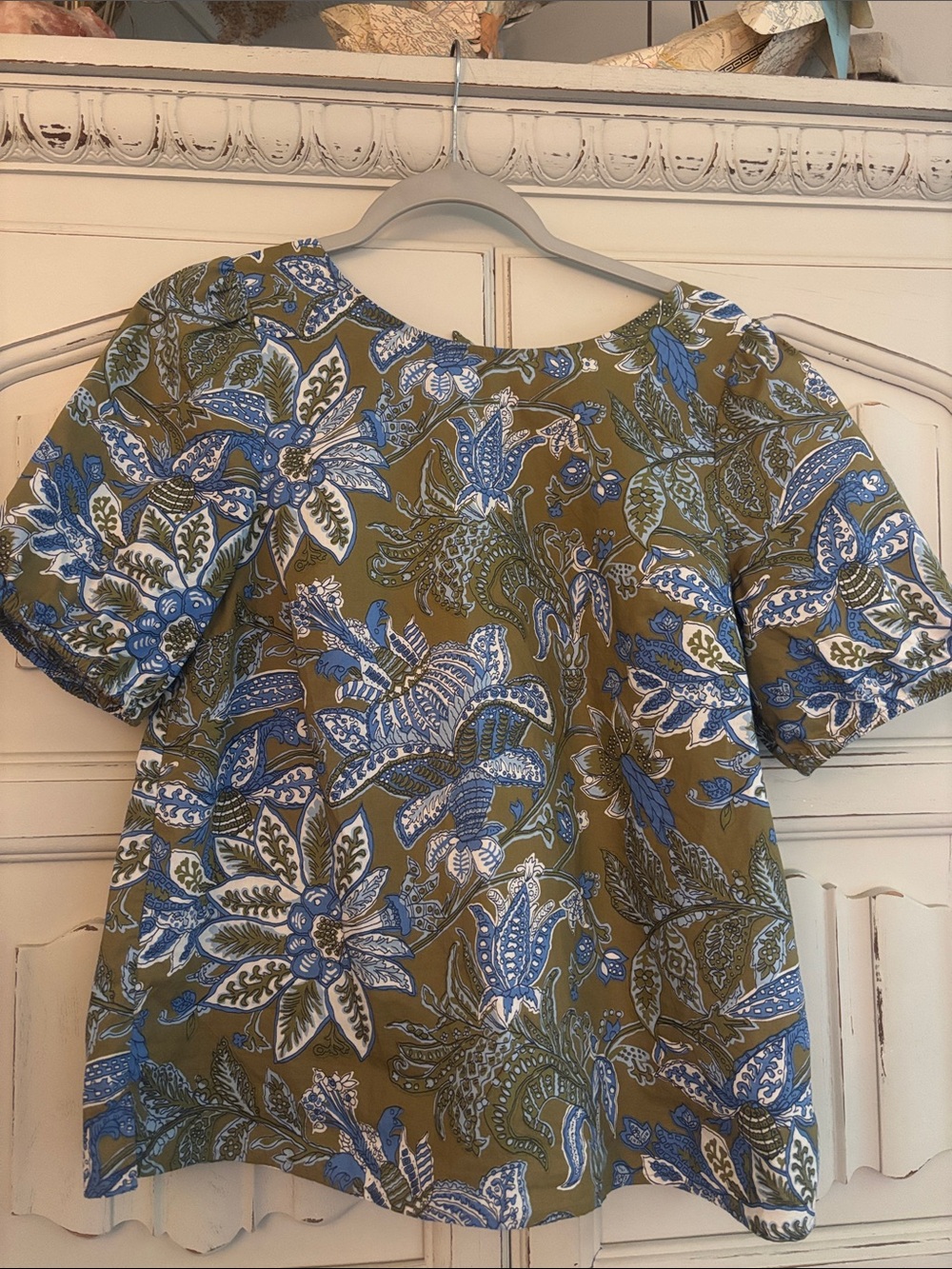 Talbots Olive Green Floral Blouse with Blue and White Print